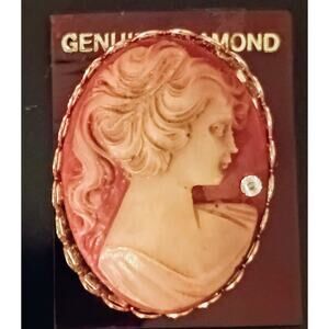 Vtg Gerry's Celluloid Cameo Brooch Victorian Pin 1.5 in Genuine Diamond Granny